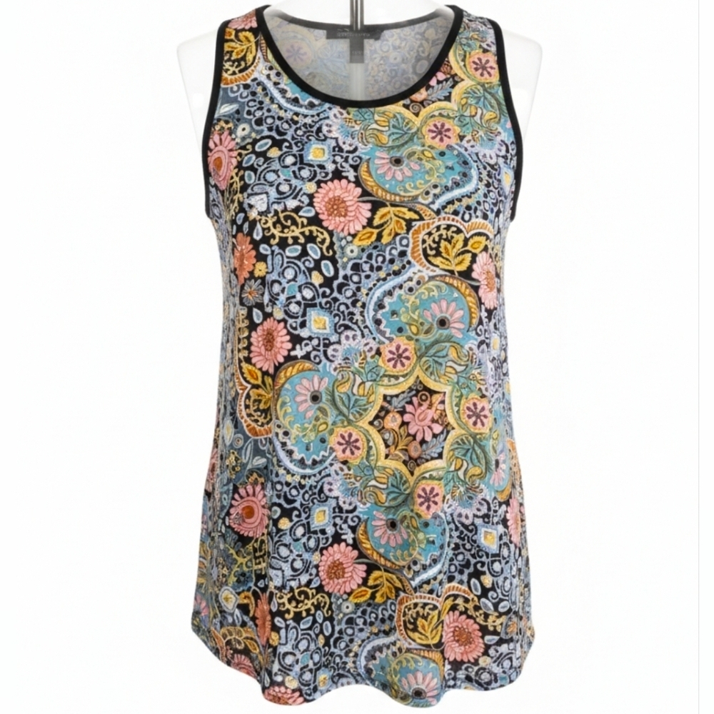 Ann Taylor Loft Bohemian Tunic Tank Top Floral Black Pink Blue Pullover XS